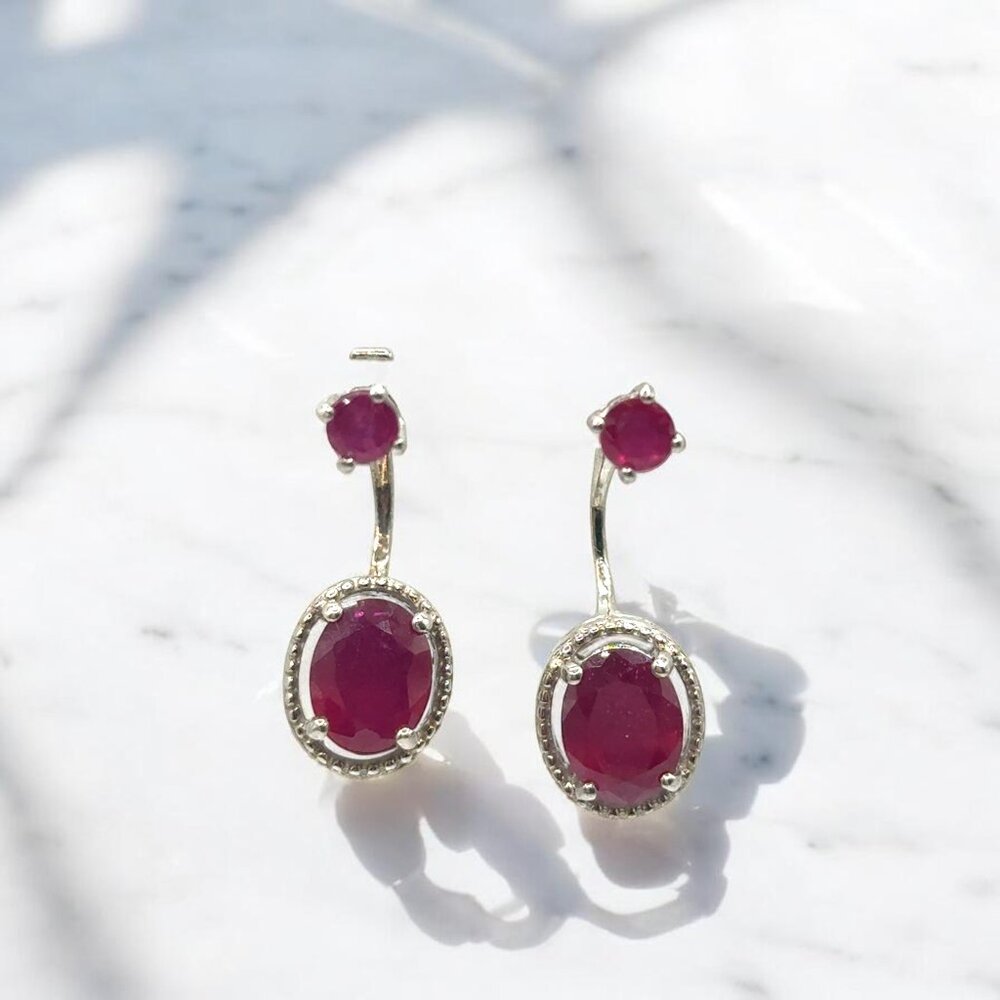 Oval and Round Ruby Convertible Earrings in 925 Sterling Silver
